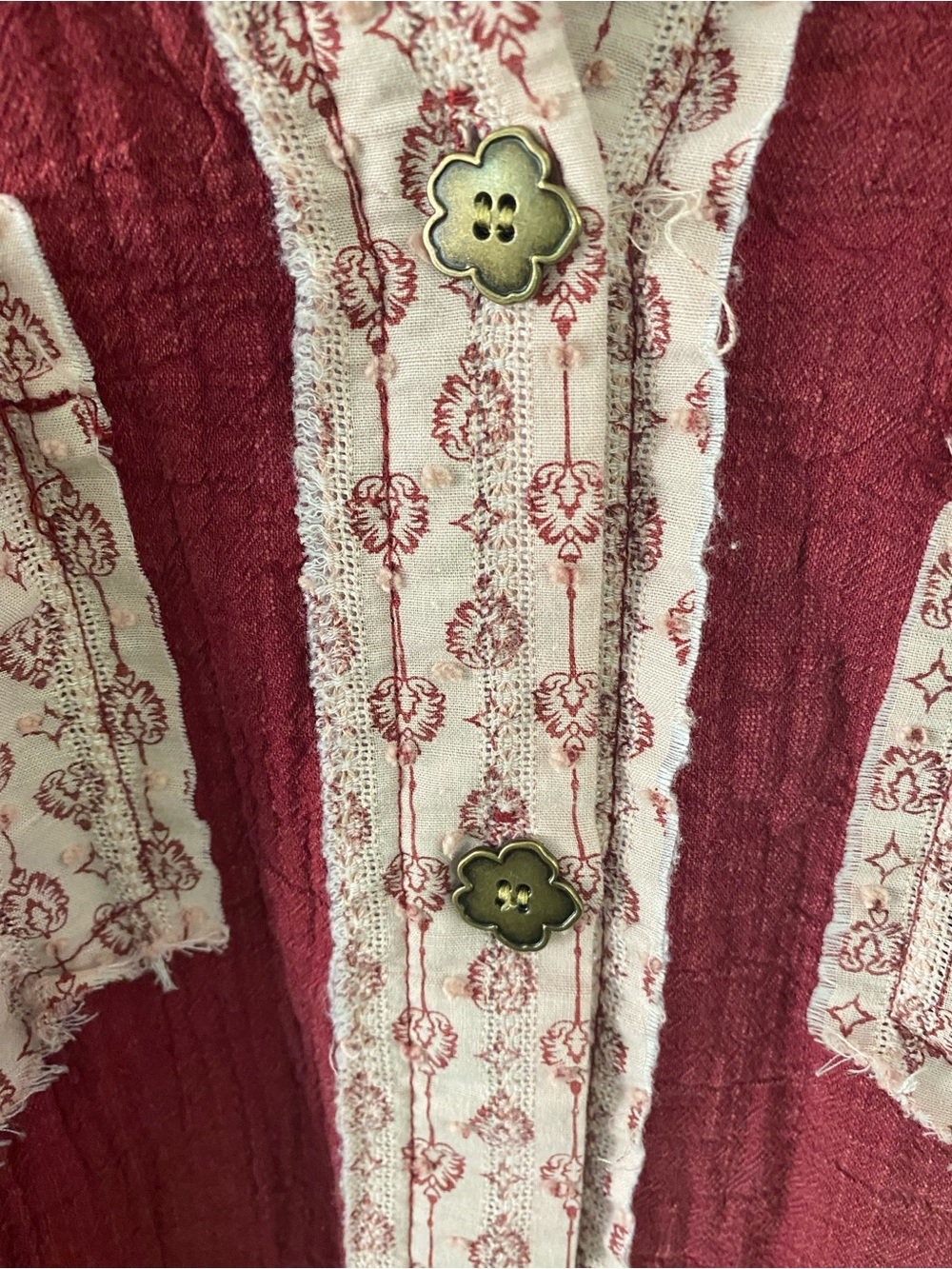POL Brand Boho Patchwork Button-Up Blouse in Deep Red and Dusty Pink - Picture 4 of 5